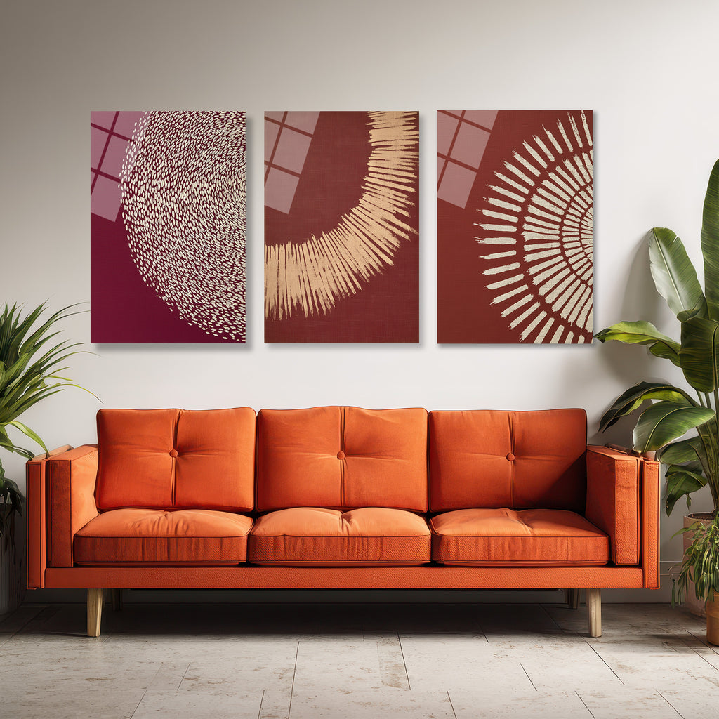 Etnik Modern Sanat Cam Tablo Seti - 3 Parça Duvar Dekorasyonu Üçlü Set