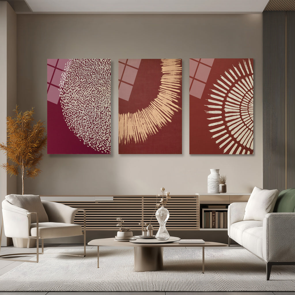 Etnik Modern Sanat Cam Tablo Seti - 3 Parça Duvar Dekorasyonu Üçlü Set