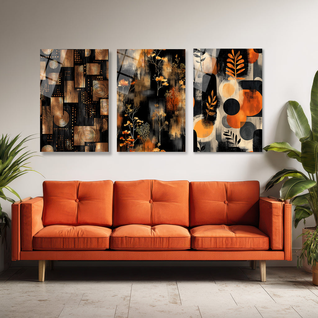 Modern Soyut Siyah & Bronz Cam Tablo Seti - 3 Parça Üçlü Set