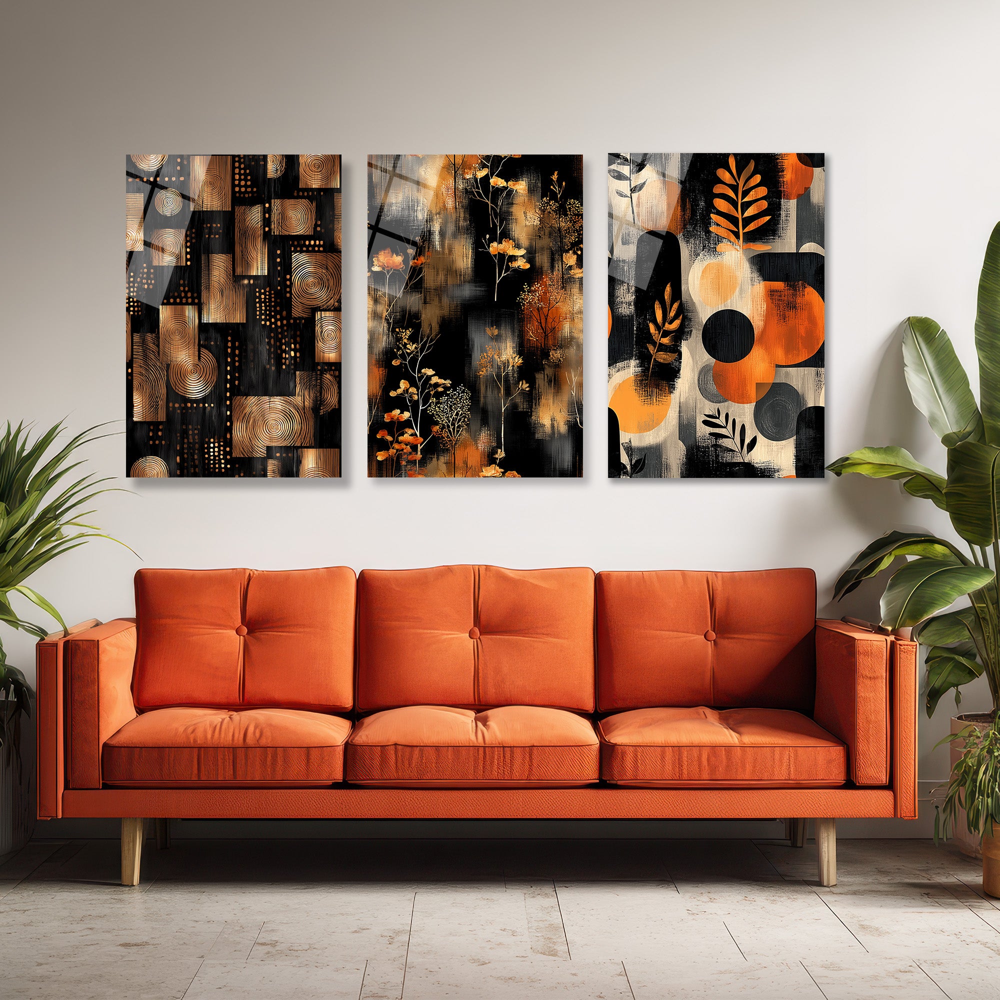 Modern Soyut Siyah & Bronz Cam Tablo Seti - 3 Parça Üçlü Set