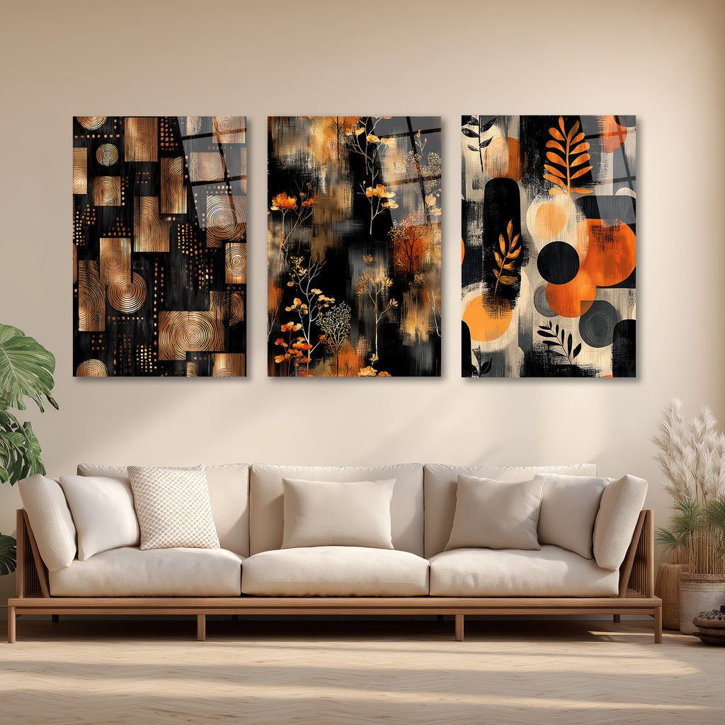 Modern Soyut Siyah & Bronz Cam Tablo Seti - 3 Parça Üçlü Set