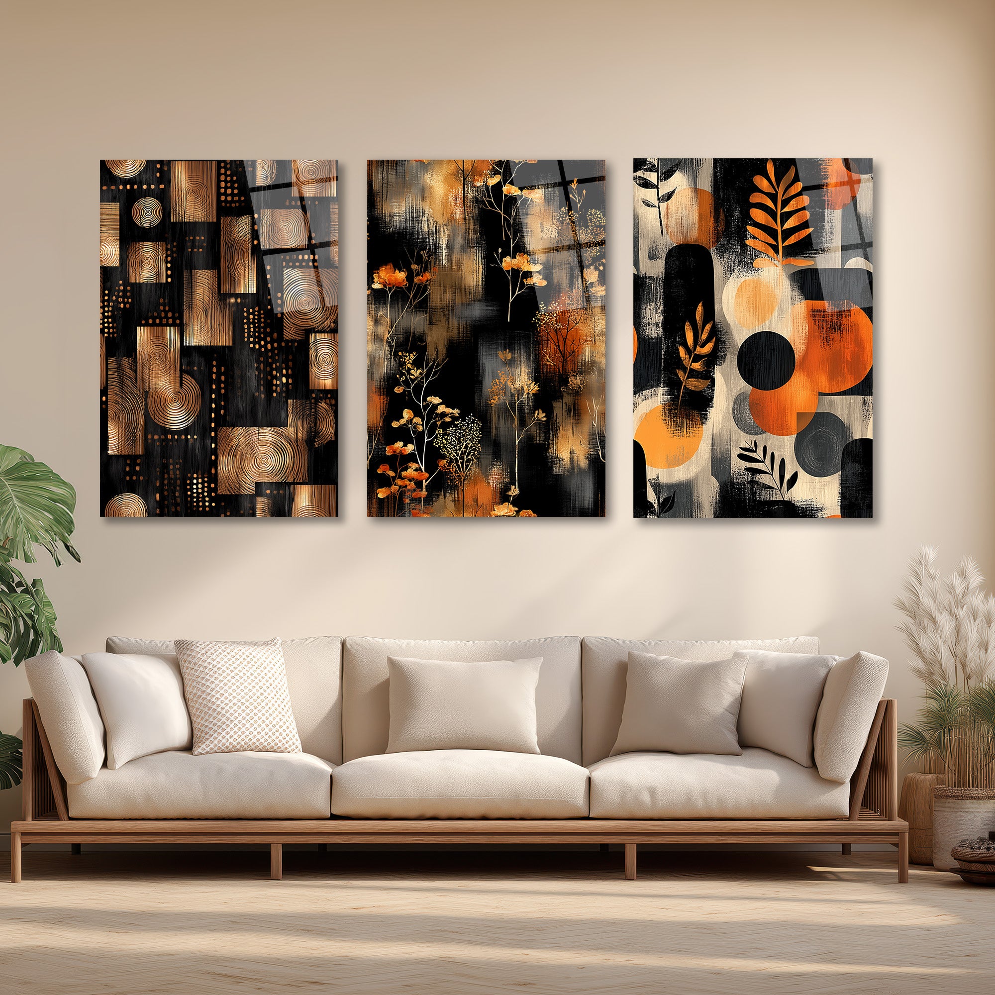 Modern Soyut Siyah & Bronz Cam Tablo Seti - 3 Parça Üçlü Set
