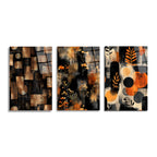 Siyah, bronz ve turuncu renklerde, soyut geometrik desenler, ince dallı bitki motifleri ve dairesel formlar içeren modern üçlü cam tablo seti. Her panel farklı bir soyut kompozisyon sunar.