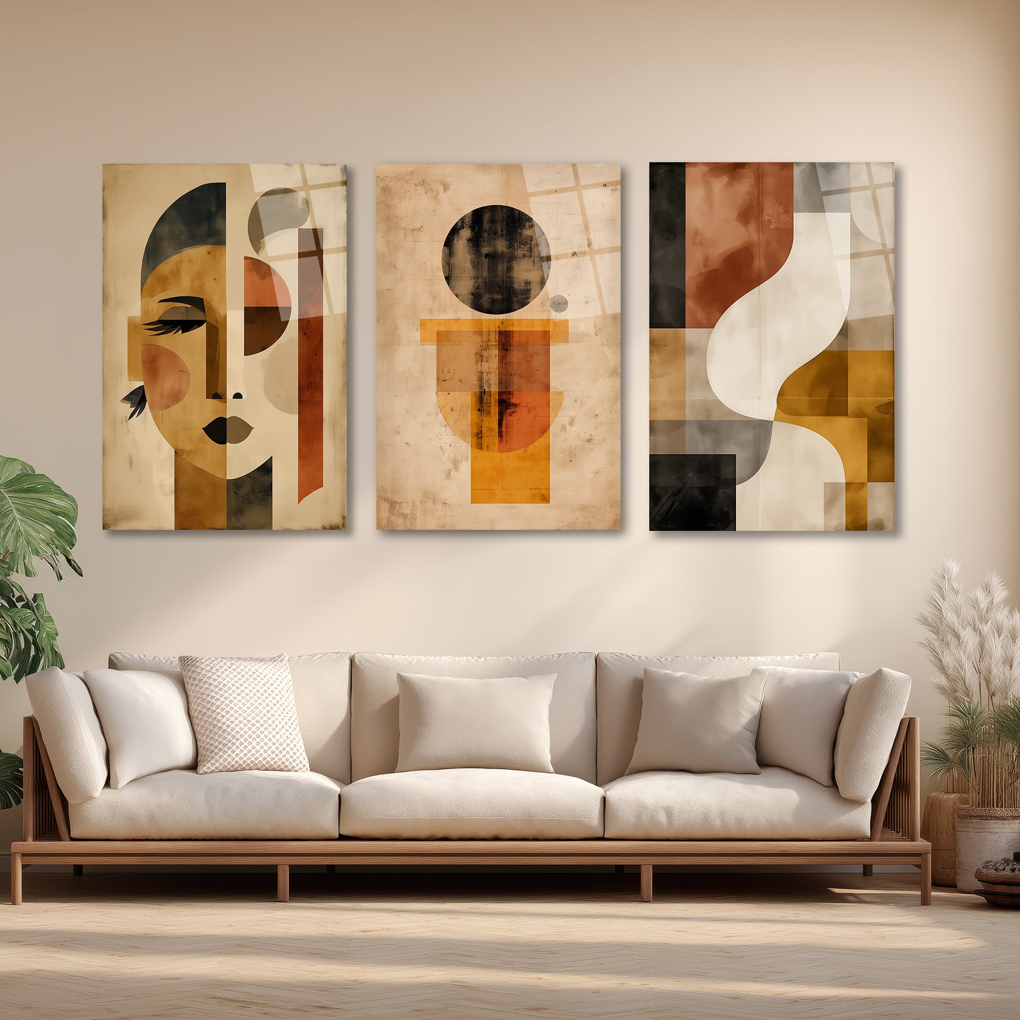 Modern Sanat Soyut Yüz ve Geometrik Desenler Üçlü Cam Tablo Seti Üçlü Set