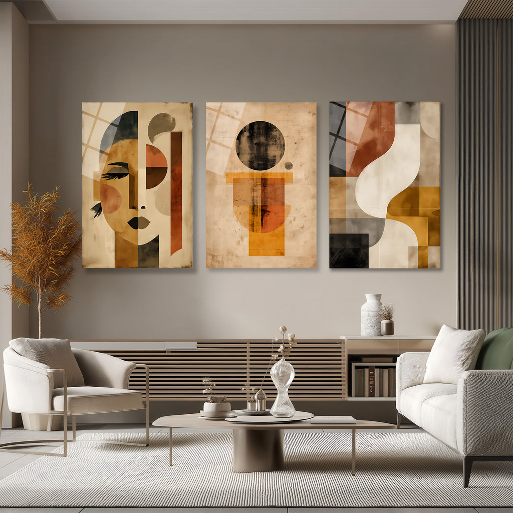 Modern Sanat Soyut Yüz ve Geometrik Desenler Üçlü Cam Tablo Seti Üçlü Set