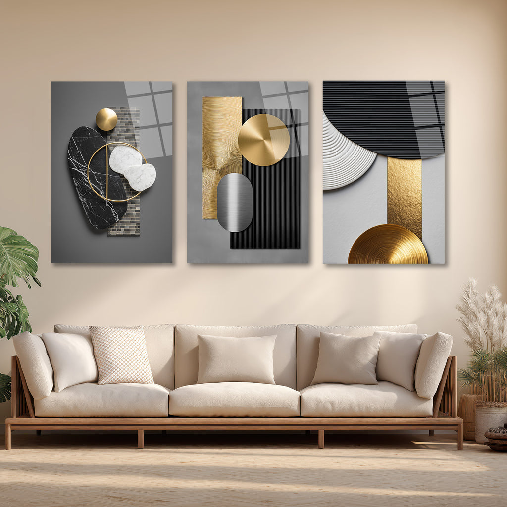 Modern Soyut Geometrik Gold ve Mermer Dokulu 3'lü Cam Tablo Seti Üçlü Set