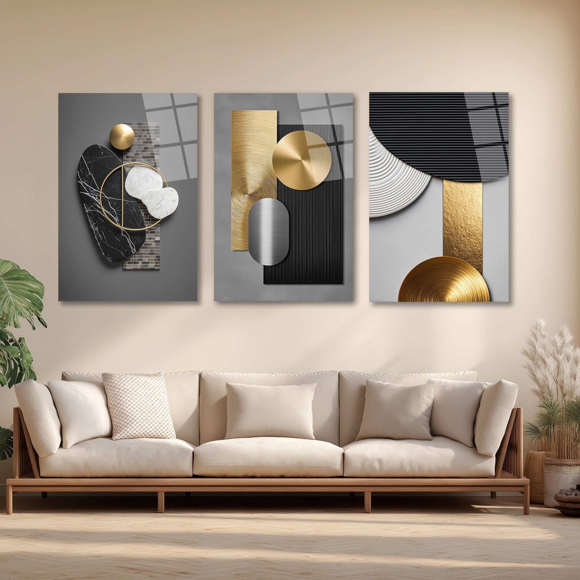 Modern Soyut Geometrik Gold ve Mermer Dokulu 3'lü Cam Tablo Seti Üçlü Set
