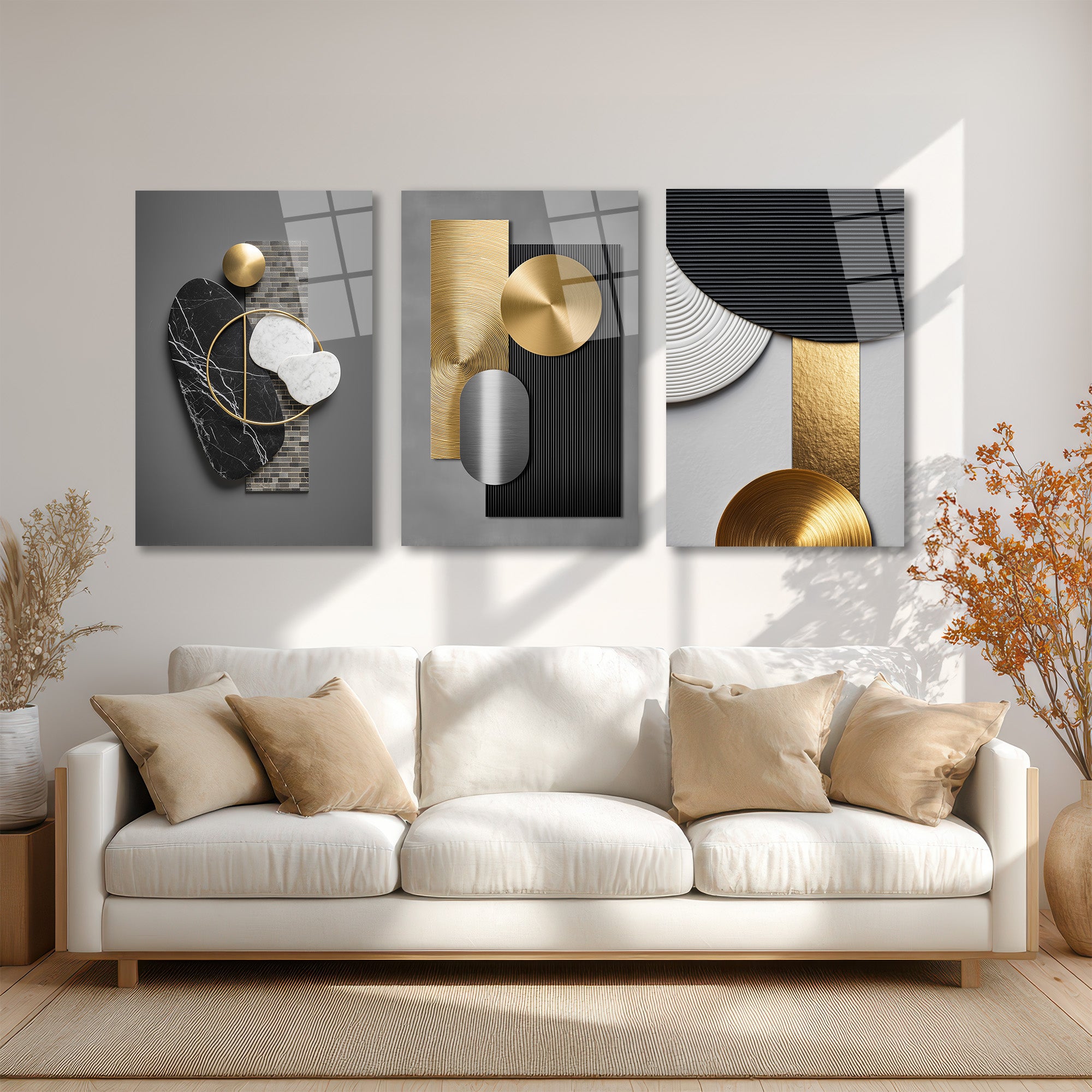 Modern Soyut Geometrik Gold ve Mermer Dokulu 3'lü Cam Tablo Seti Üçlü Set