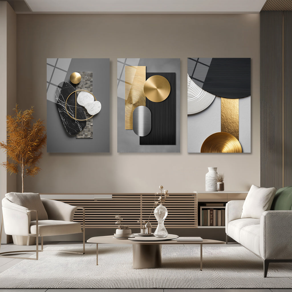 Modern Soyut Geometrik Gold ve Mermer Dokulu 3'lü Cam Tablo Seti Üçlü Set