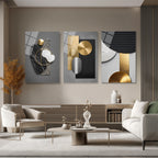Modern Soyut Geometrik Gold ve Mermer Dokulu 3'lü Cam Tablo Seti Üçlü Set