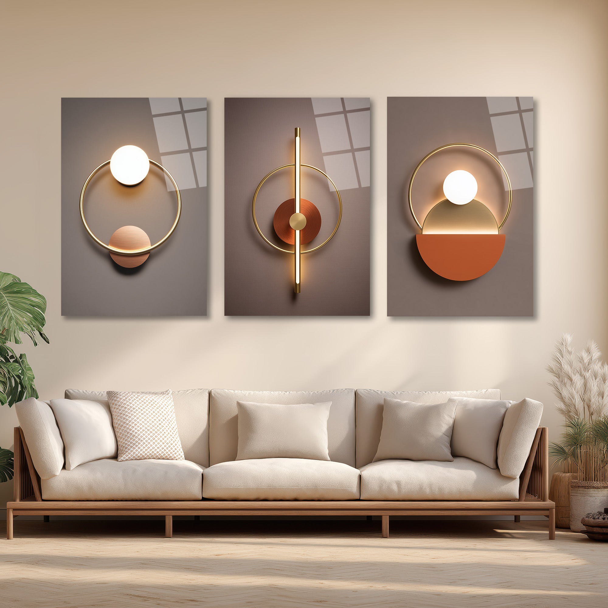 Lüks Geometrik Işıltılar Üçlü Cam Tablo Seti - Modern Soyut Sanat Üçlü Set