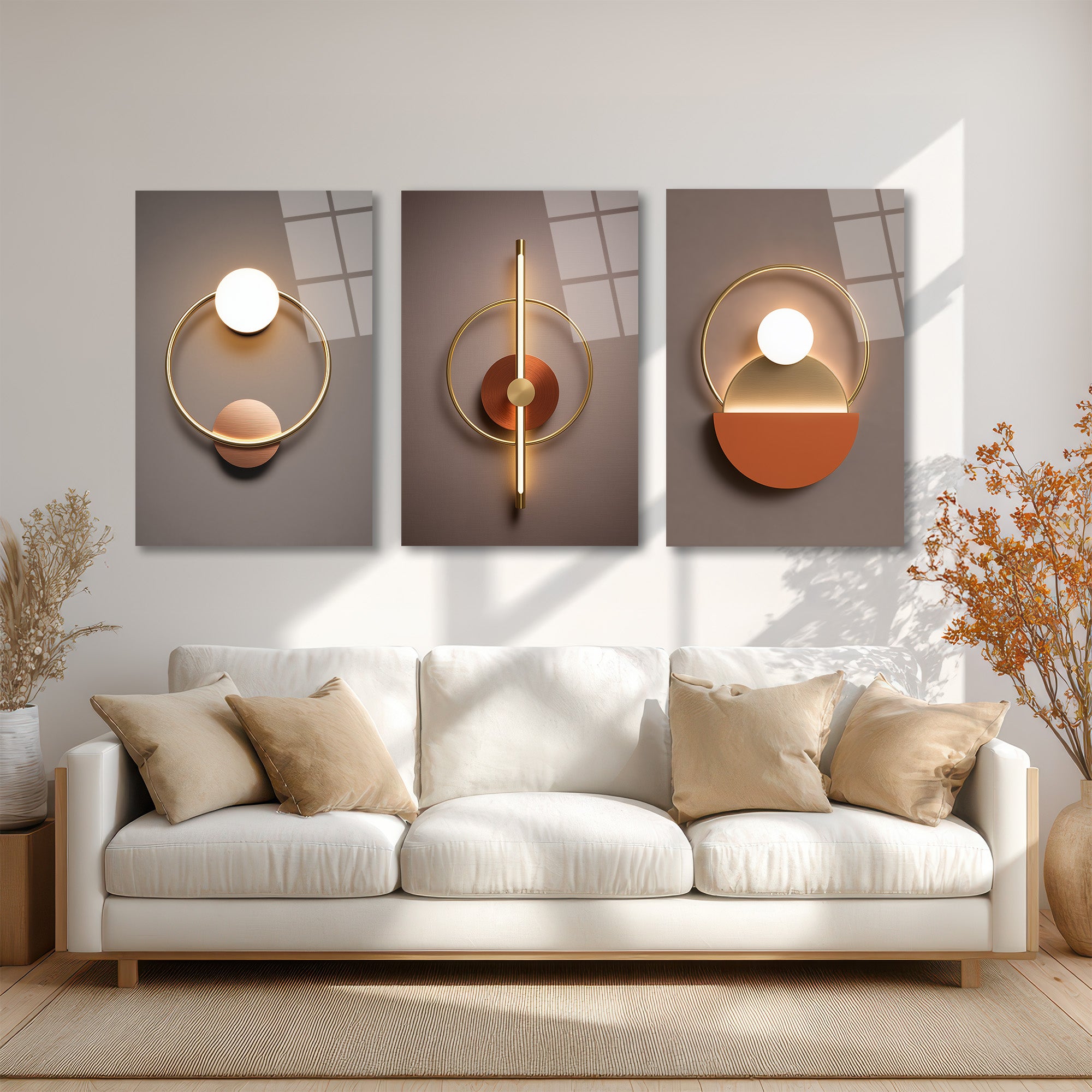 Lüks Geometrik Işıltılar Üçlü Cam Tablo Seti - Modern Soyut Sanat Üçlü Set