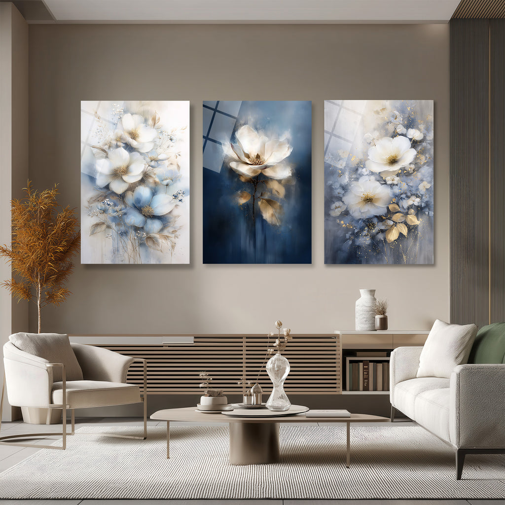 Mistik Çiçekler Premium Üçlü Cam Tablo Seti Üçlü Set