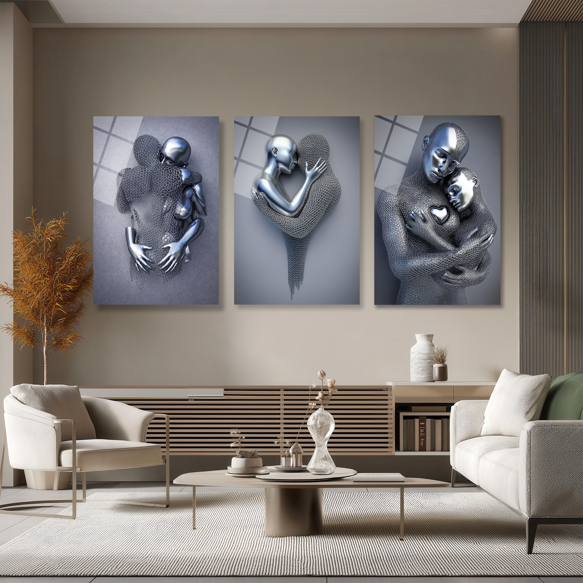 Aşkın Metal Dansı: Modern Sarılma Üçlü Cam Tablo Seti Üçlü Set