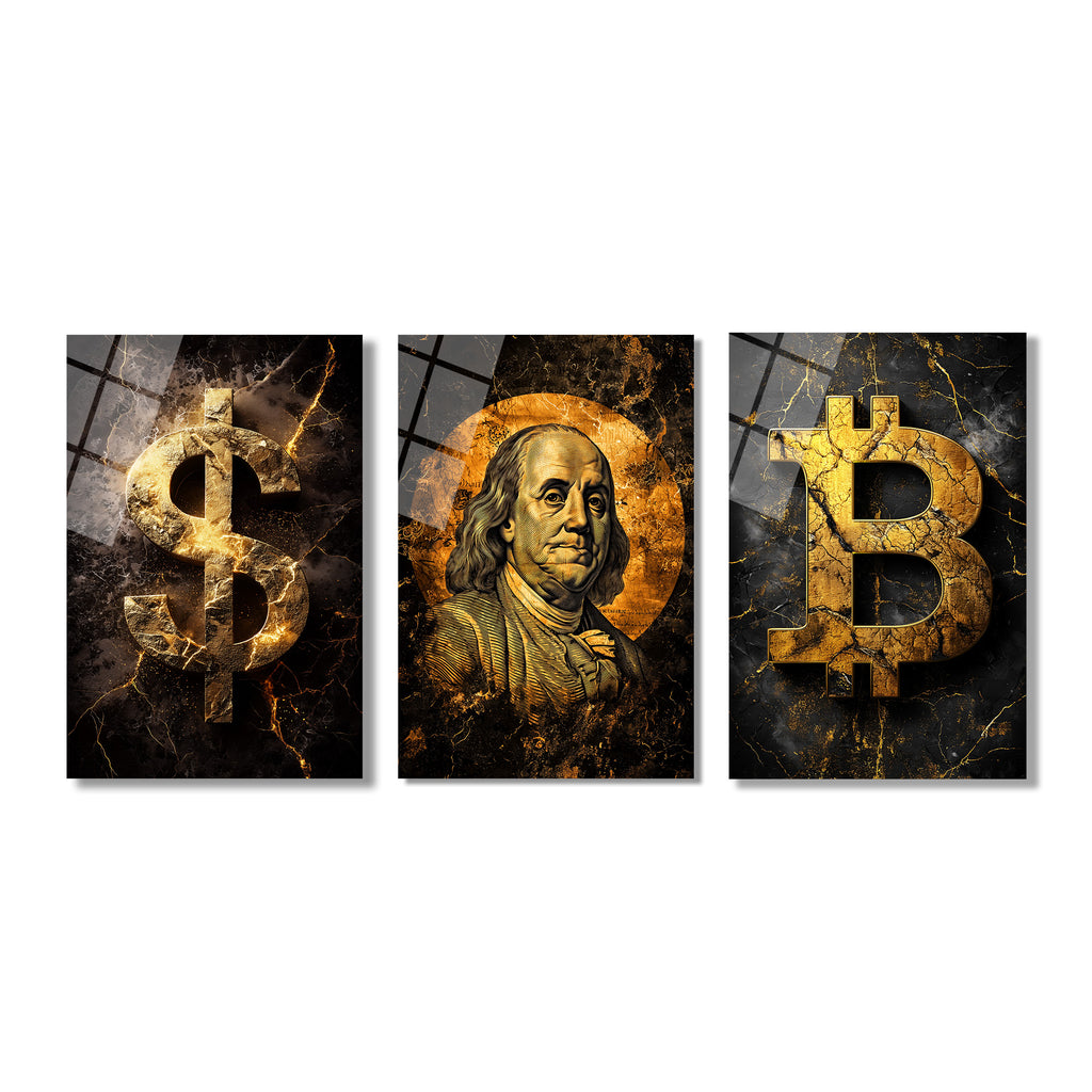 Finansın Yükselişi: Bitcoin, Dolar, Franklin Portre Cam Tablo Seti Üçlü Set