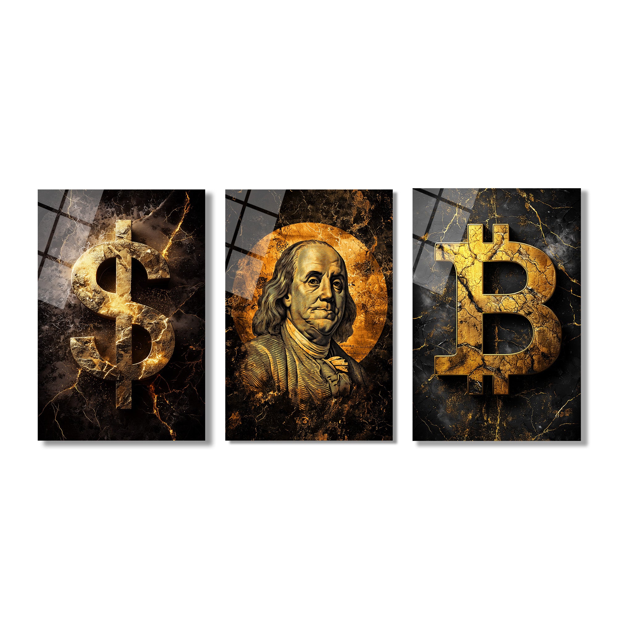 Finansın Yükselişi: Bitcoin, Dolar, Franklin Portre Cam Tablo Seti Üçlü Set