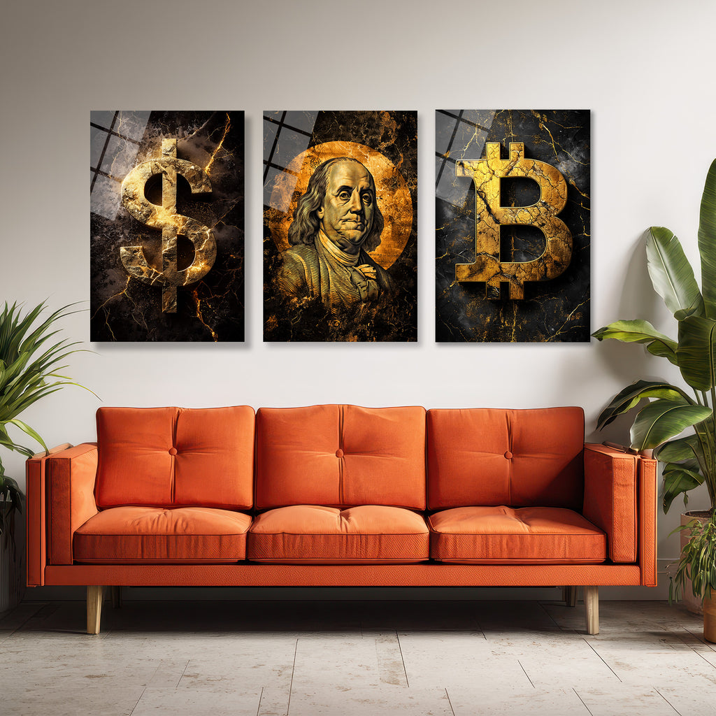 Finansın Yükselişi: Bitcoin, Dolar, Franklin Portre Cam Tablo Seti Üçlü Set