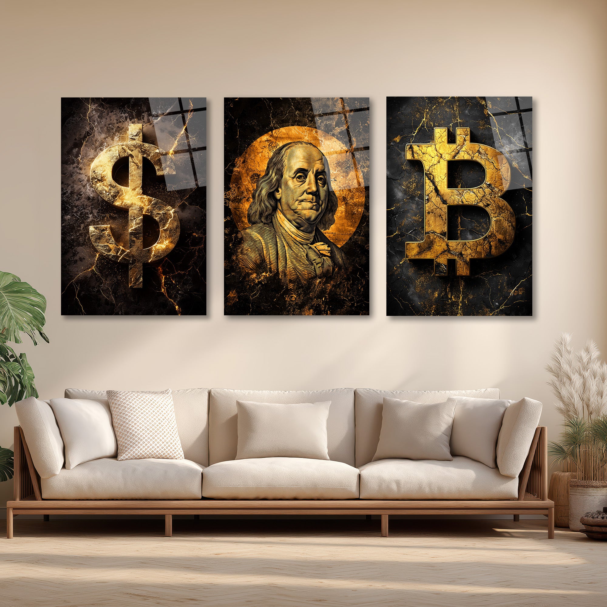 Finansın Yükselişi: Bitcoin, Dolar, Franklin Portre Cam Tablo Seti Üçlü Set