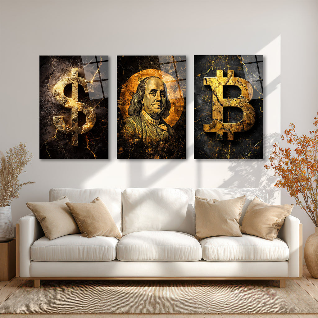 Finansın Yükselişi: Bitcoin, Dolar, Franklin Portre Cam Tablo Seti Üçlü Set