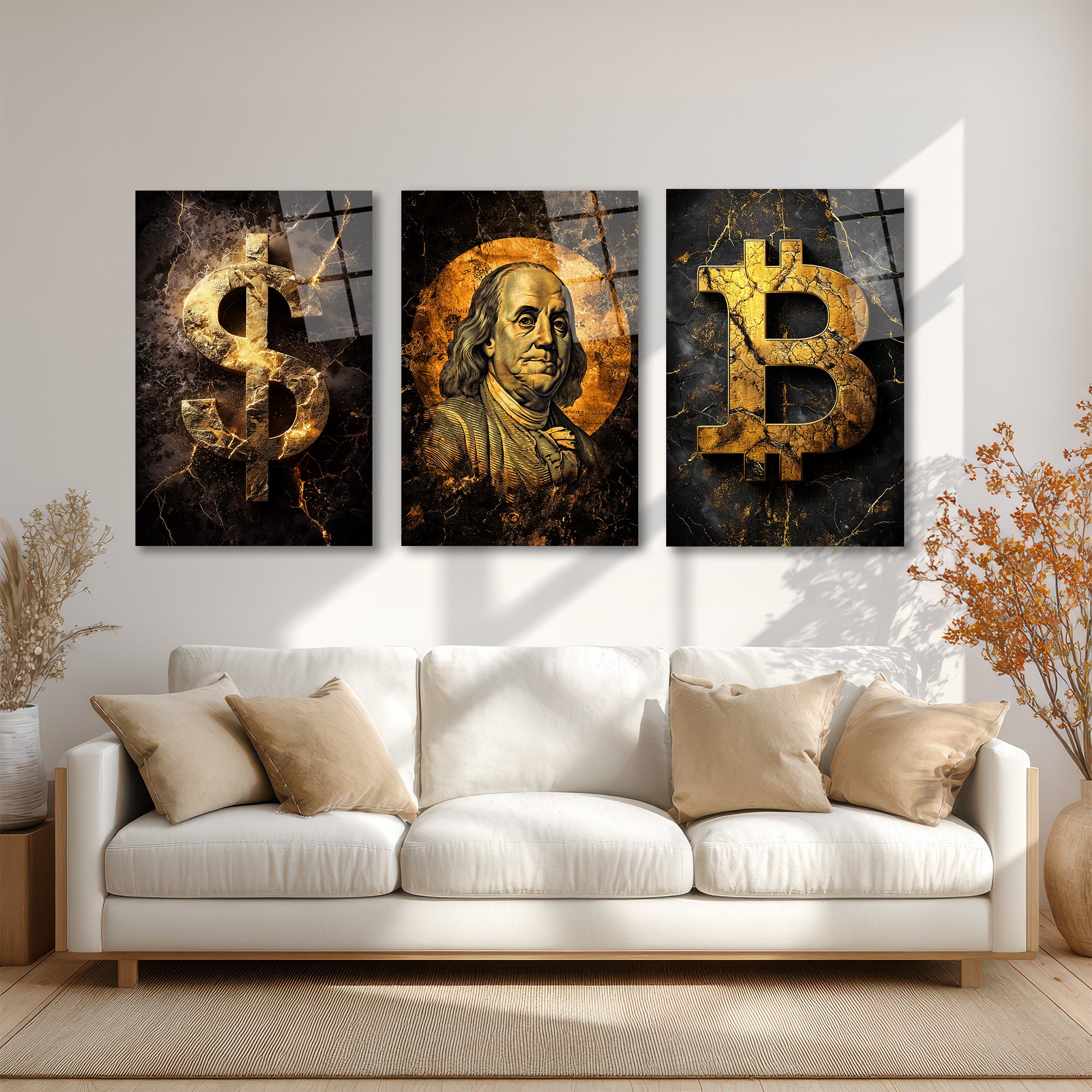 Finansın Yükselişi: Bitcoin, Dolar, Franklin Portre Cam Tablo Seti Üçlü Set