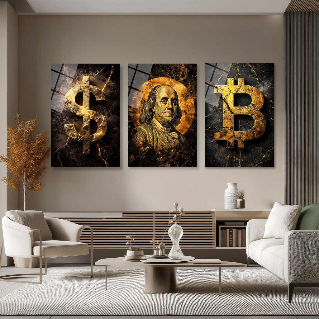 Finansın Yükselişi: Bitcoin, Dolar, Franklin Portre Cam Tablo Seti Üçlü Set