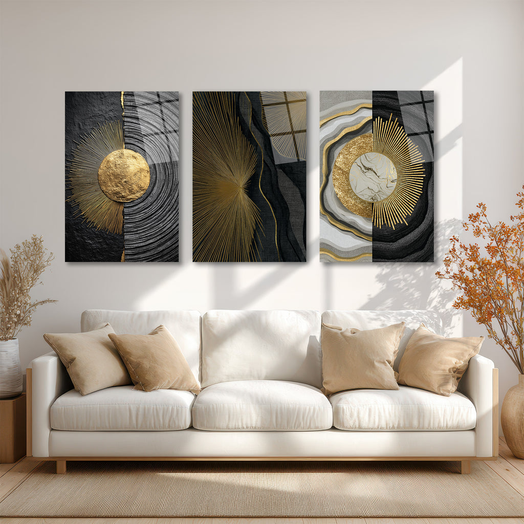Altın Işıltılı Modern Soyut Cam Tablo Seti - 3 Parça Lüks Duvar Sanatı Üçlü Set
