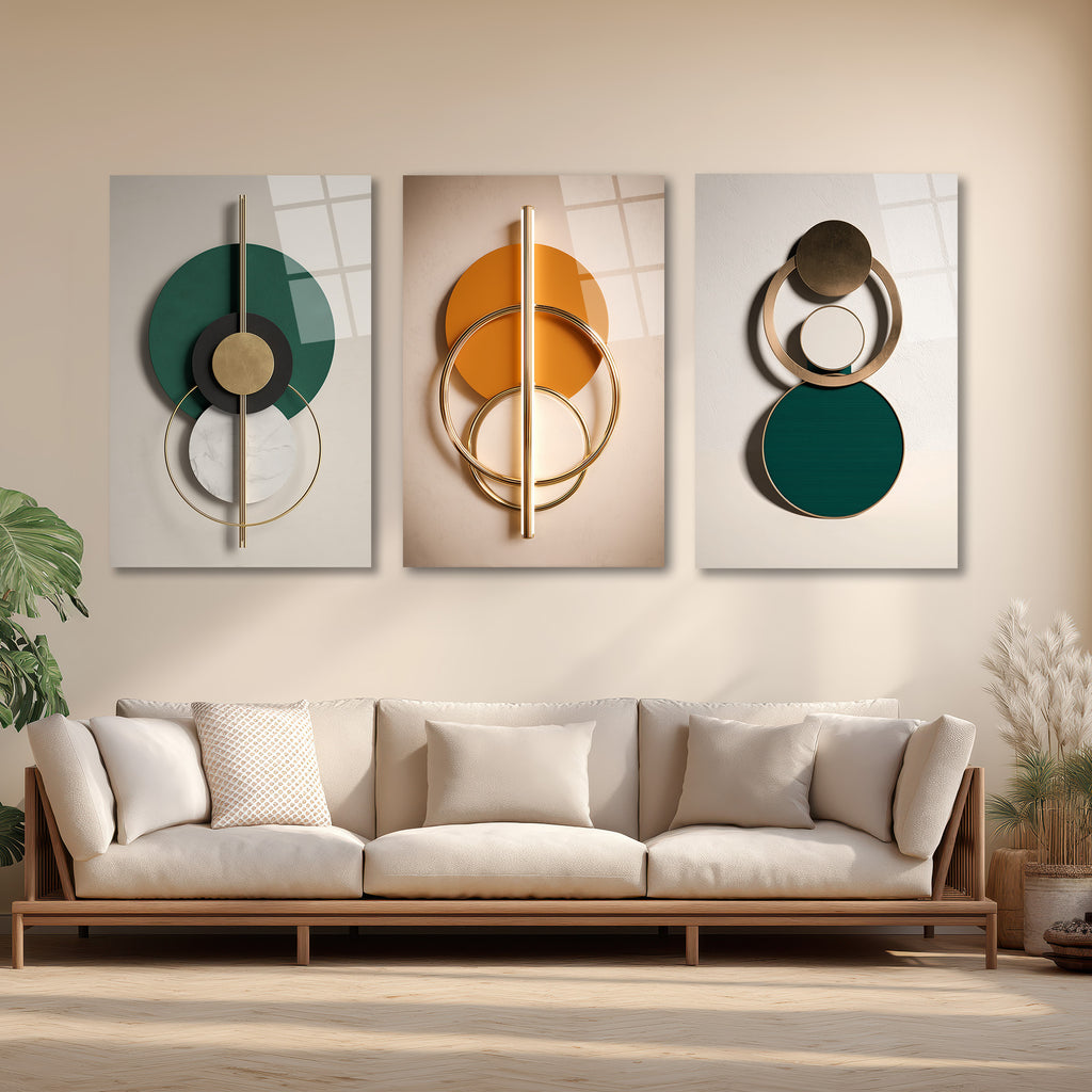 Modern Geometrik Soyut Tasarım Cam Tablo Üçlü Set