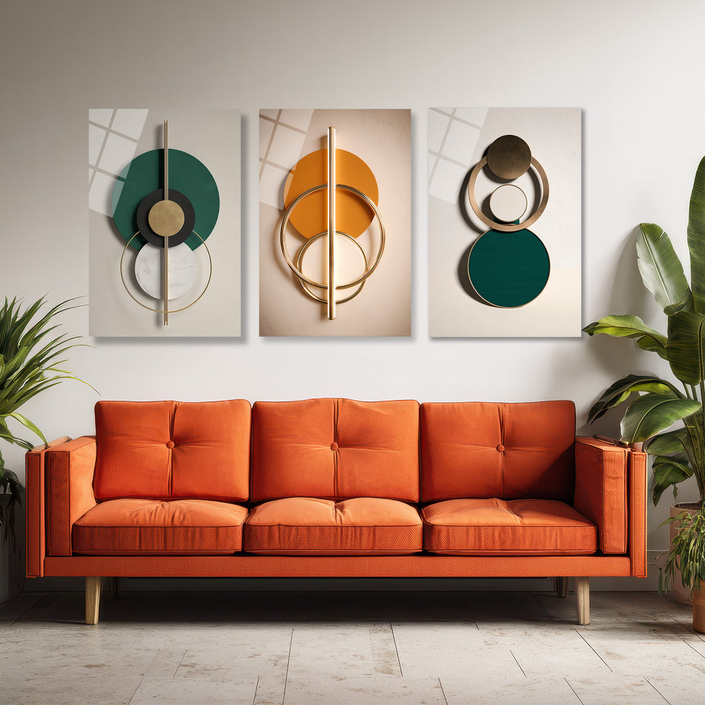 Modern Geometrik Soyut Tasarım Cam Tablo Üçlü Set