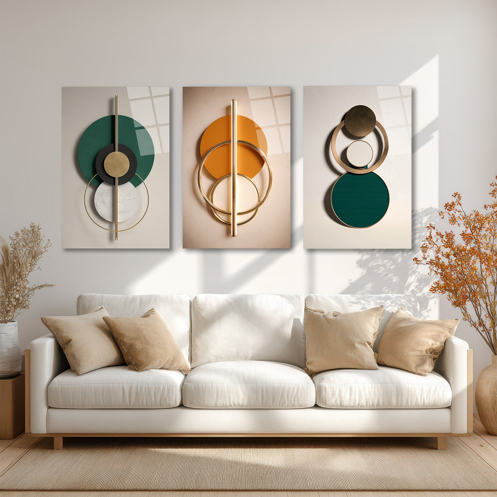 Modern Geometrik Soyut Tasarım Cam Tablo Üçlü Set