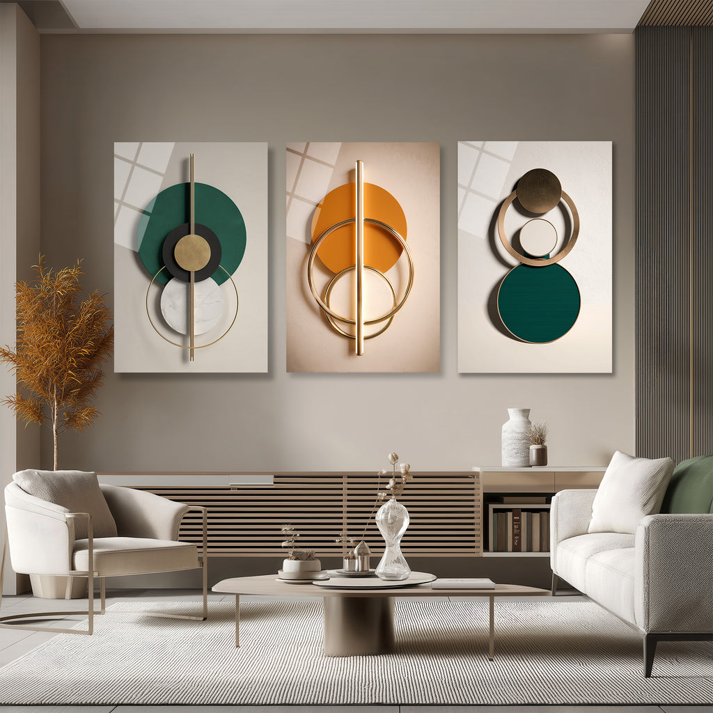 Modern Geometrik Soyut Tasarım Cam Tablo Üçlü Set