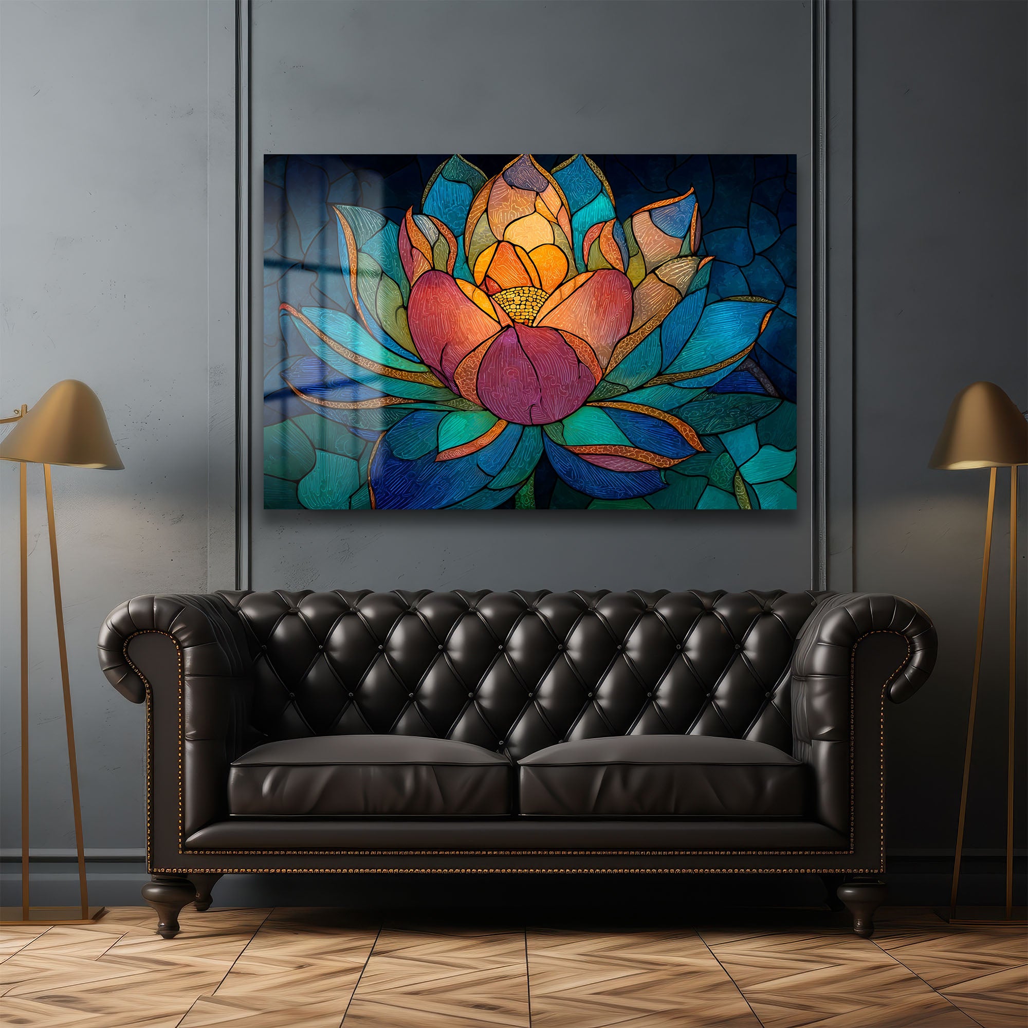 Lotus Çiçeği Mozaik Sanat Cam Tablo - Canlı Renklerle Duvar Dekoru