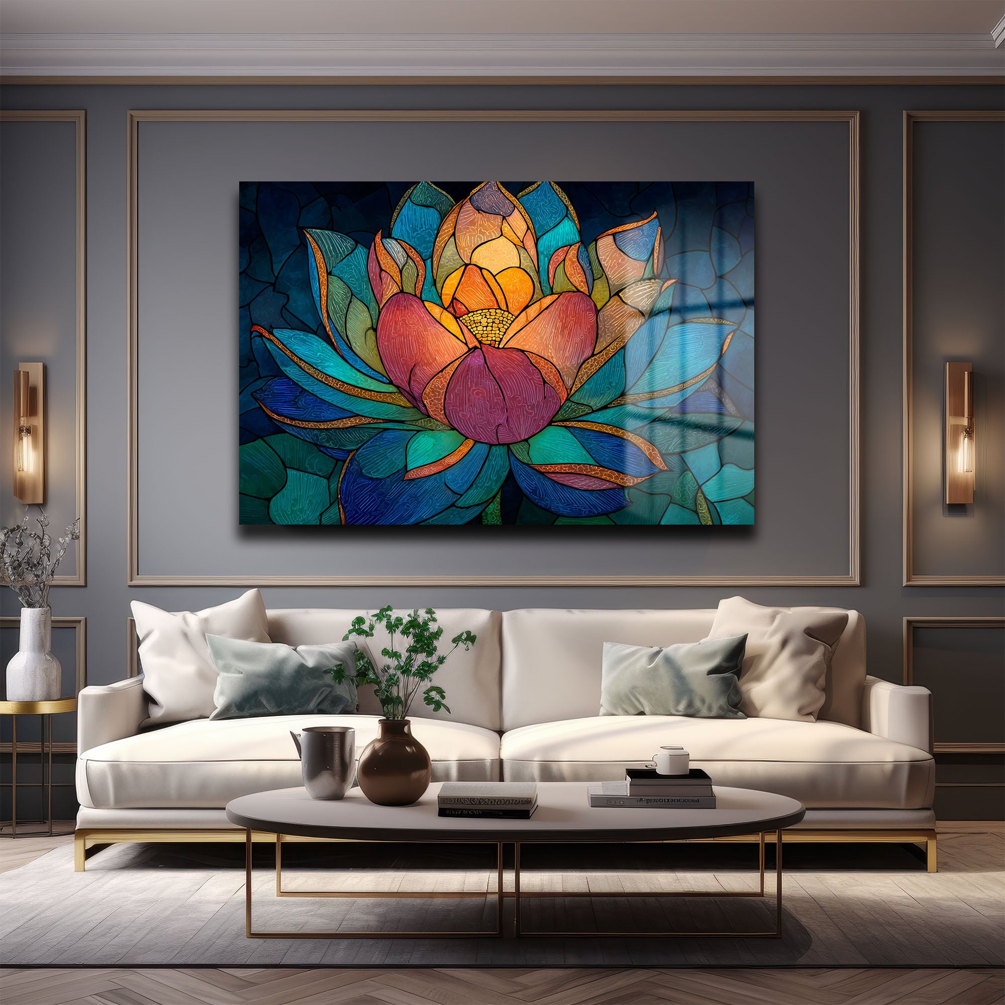 Lotus Çiçeği Mozaik Sanat Cam Tablo - Canlı Renklerle Duvar Dekoru
