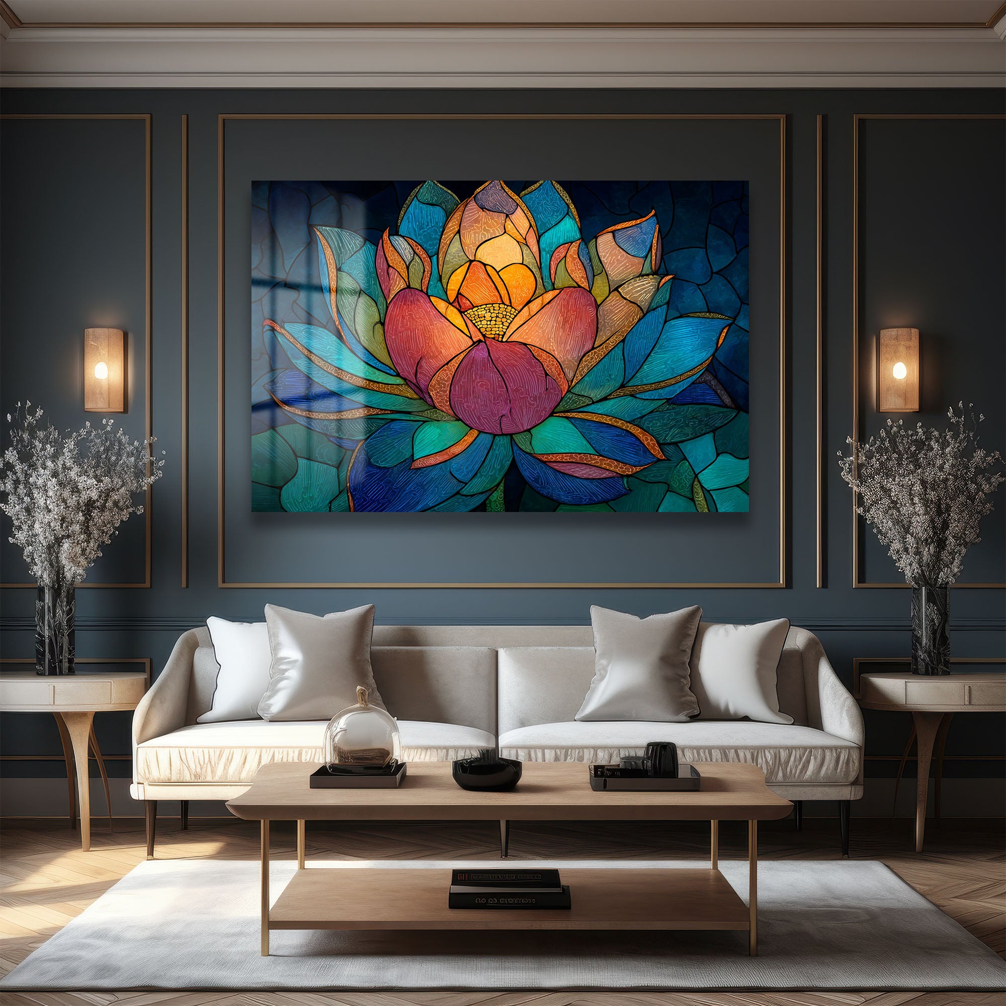 Lotus Çiçeği Mozaik Sanat Cam Tablo - Canlı Renklerle Duvar Dekoru