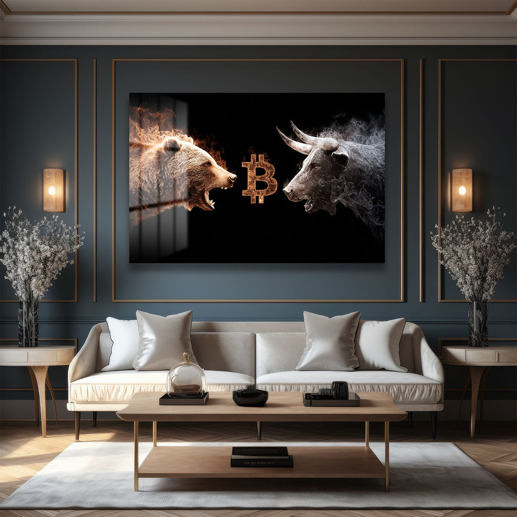 Bitcoin Boğa ve Ayı Savaşı Cam Tablo - Kripto Sanatı ve Piyasa Dinamiği