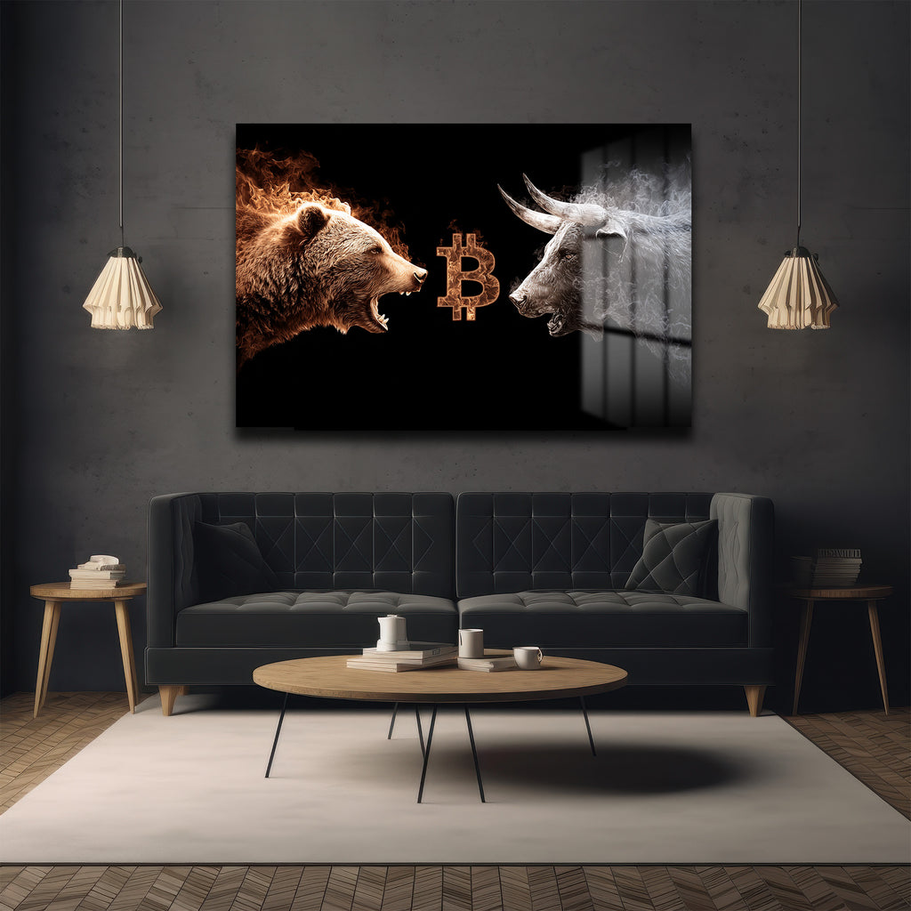 Bitcoin Boğa ve Ayı Savaşı Cam Tablo - Kripto Sanatı ve Piyasa Dinamiği