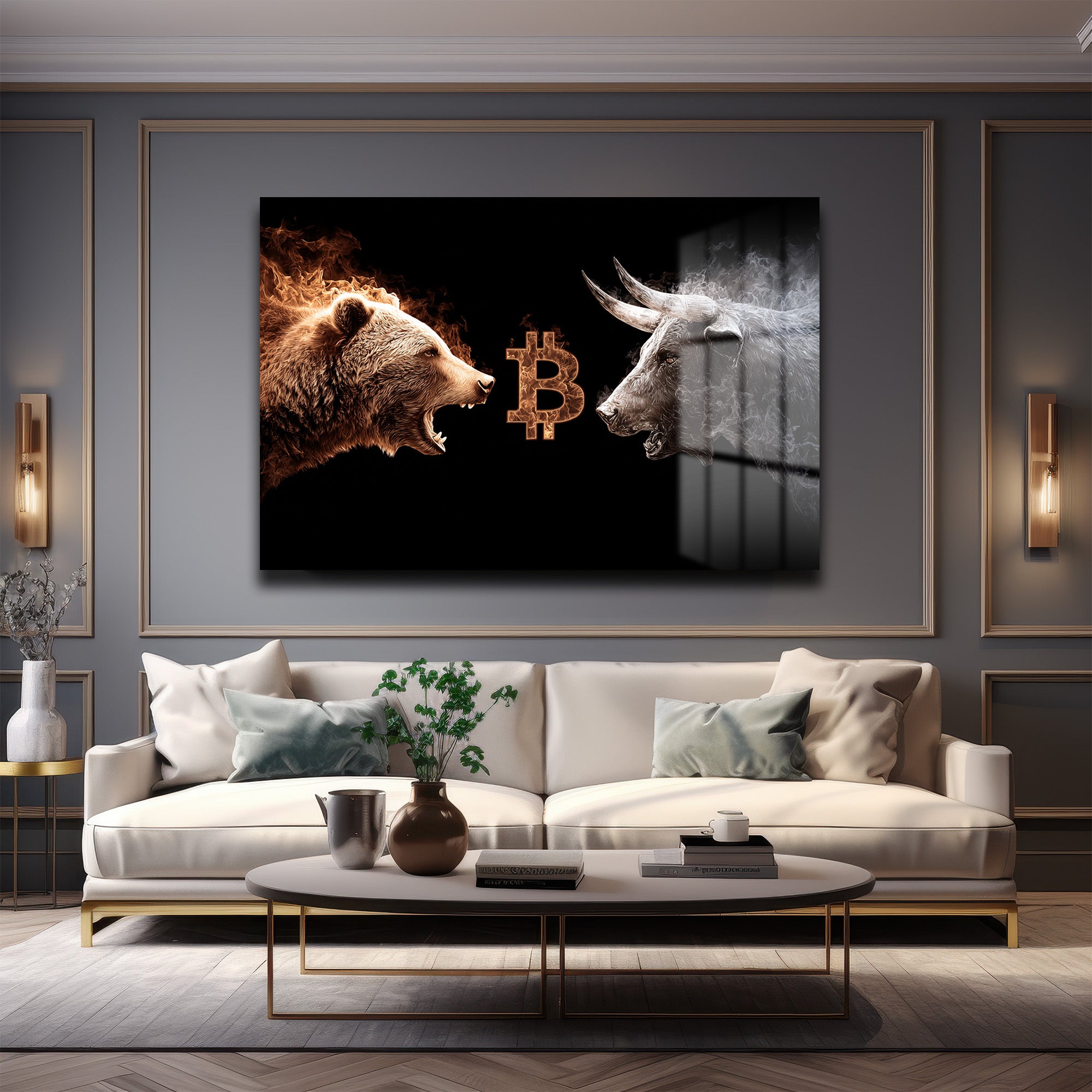 Bitcoin Boğa ve Ayı Savaşı Cam Tablo - Kripto Sanatı ve Piyasa Dinamiği