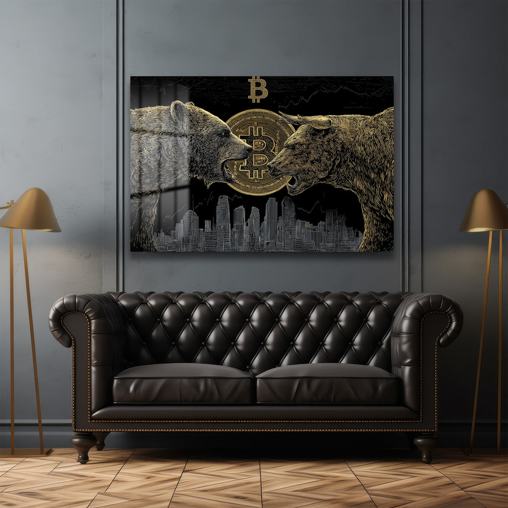 Boğa ve Ayı Bitcoin Kripto Piyasası Cam Tablo
