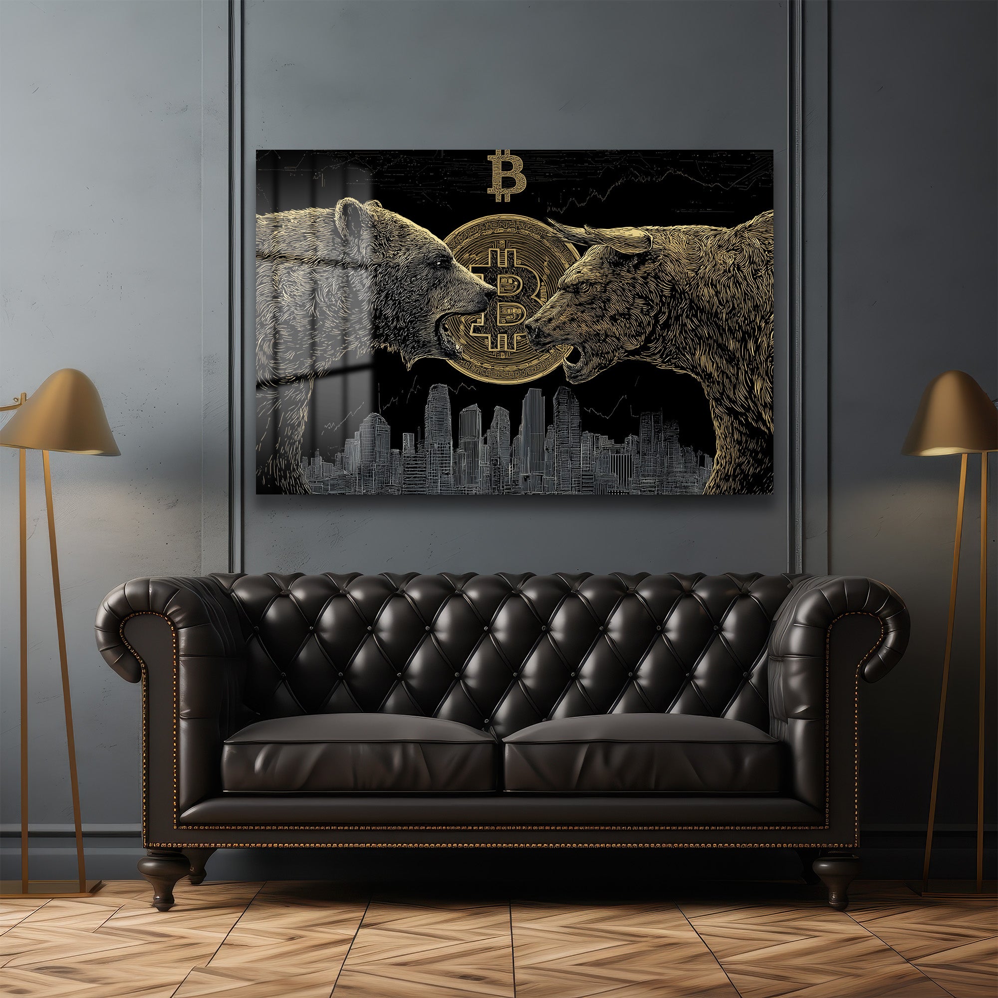 Boğa ve Ayı Bitcoin Kripto Piyasası Cam Tablo