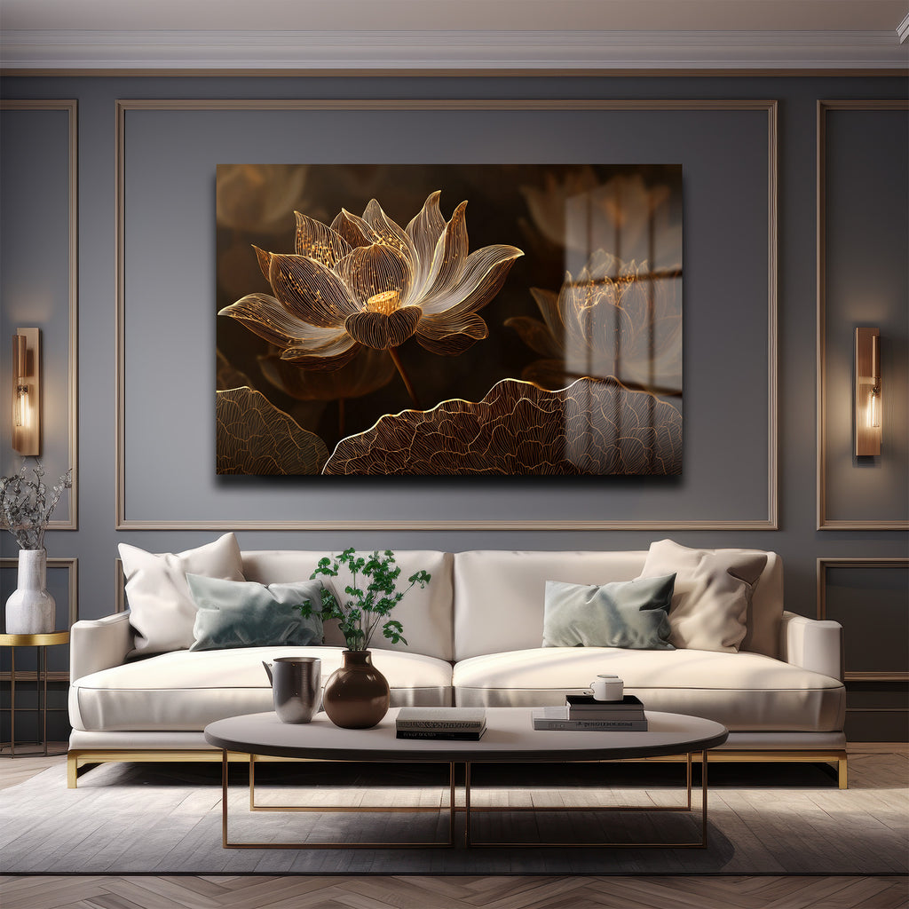 Işıltılı Altın Lotus Çiçekleri Cam Tablo - Zarafet ve Huzur