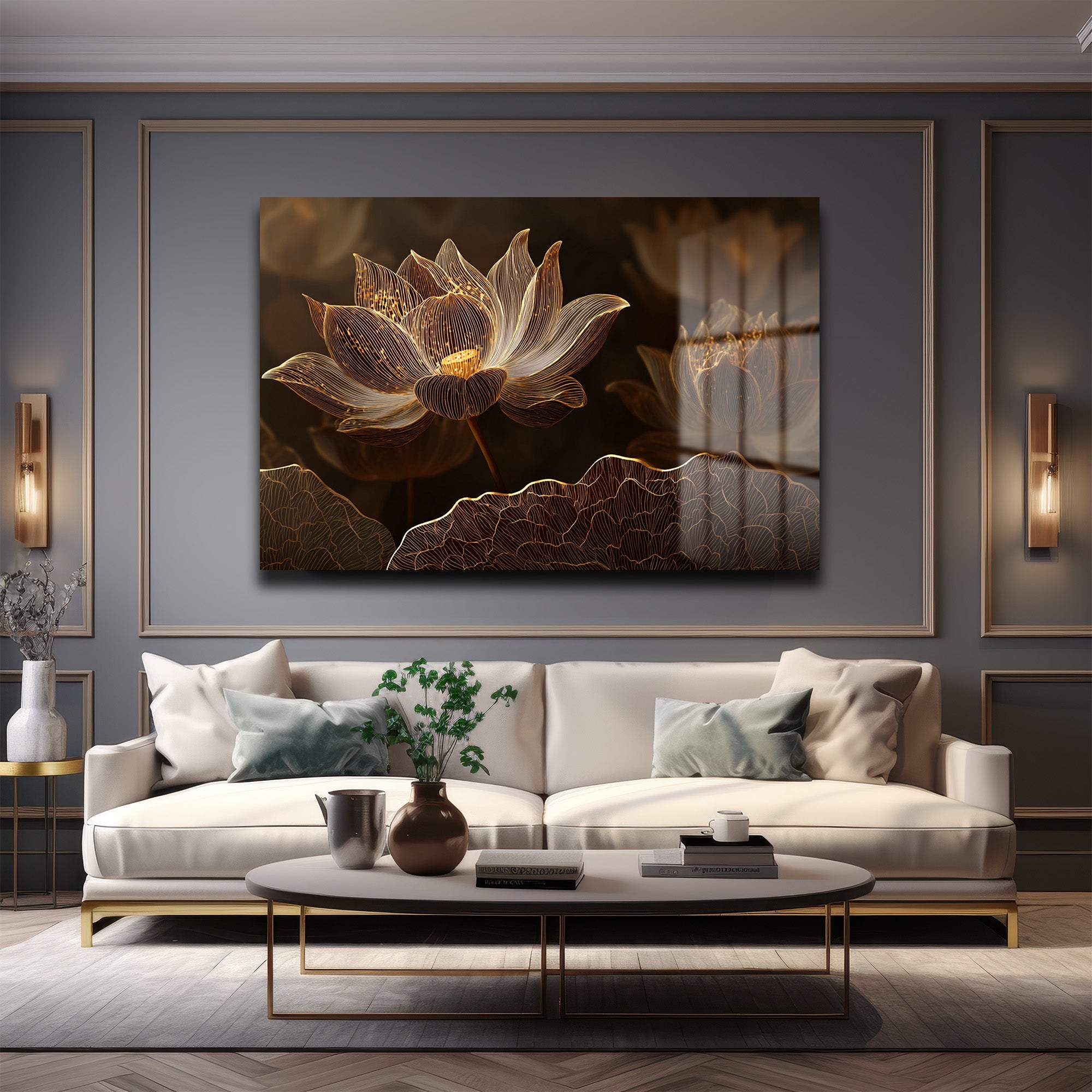 Işıltılı Altın Lotus Çiçekleri Cam Tablo - Zarafet ve Huzur