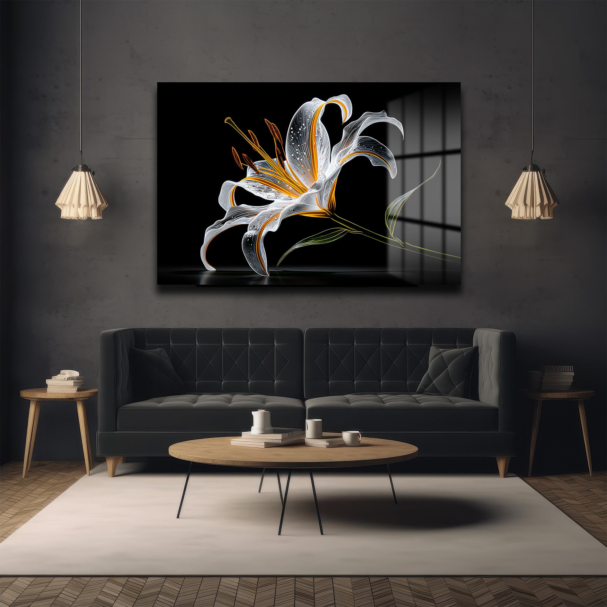 Büyüleyici Işıltılı Zambak Çiçeği Modern Cam Tablo