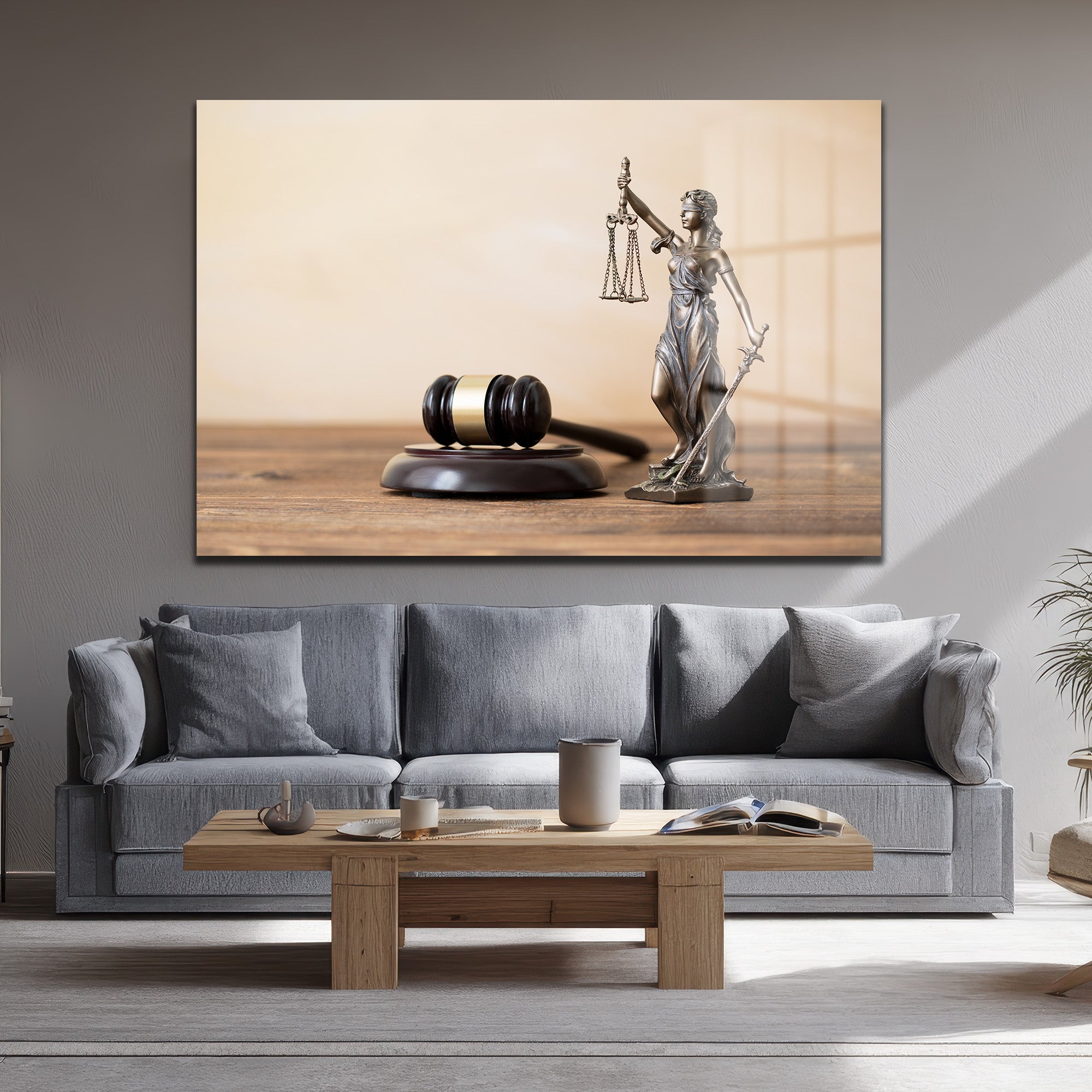 Terazi ve kılıç tutan Lady Justice heykeli ile tokmak figürlü temperli cam tablo, hukuk bürosu ve ofis için ideal bir duvar dekorasyonu. - Detay Görünüm 3
