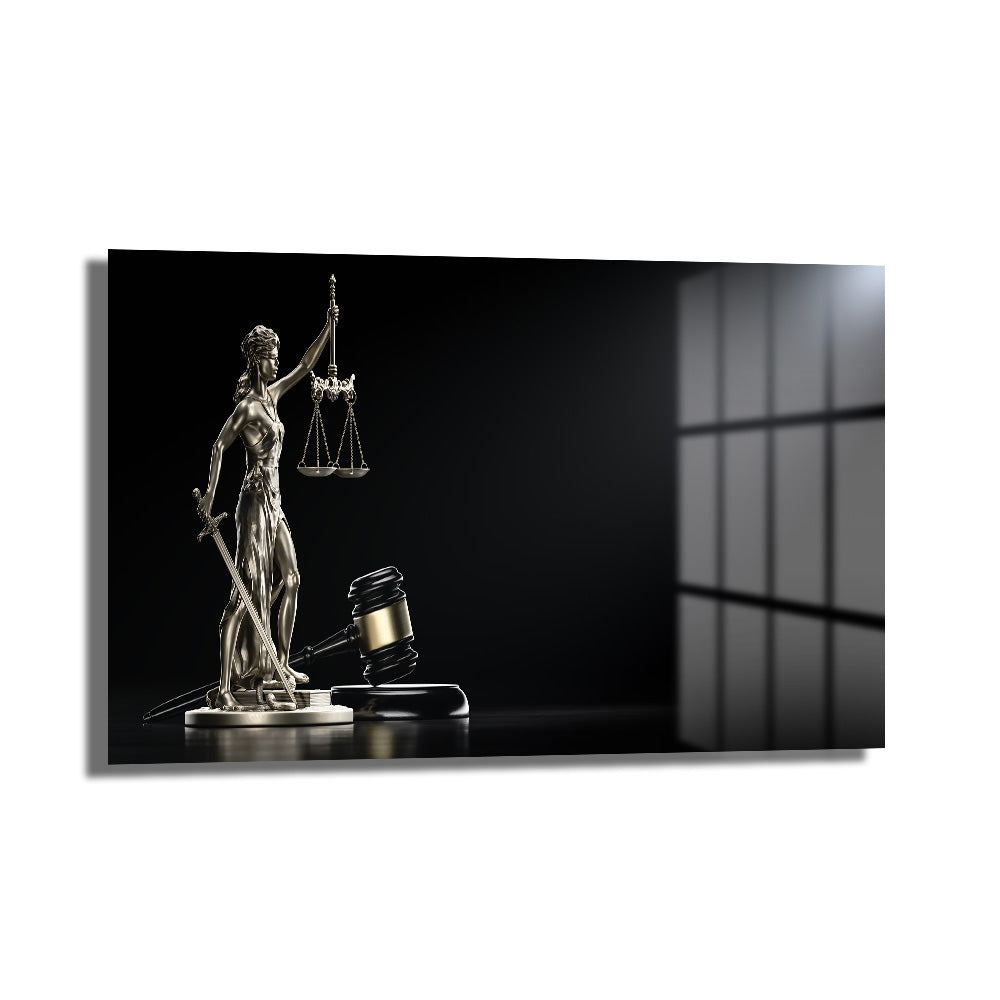 Karanlık zeminde parlak gümüş rengi Themis heykeli ve altın detaylı tokmak figürünü içeren temperli cam tablo, ofis ve hukuk bürosu dekorasyonu için ideal. - Detay Görünüm 1