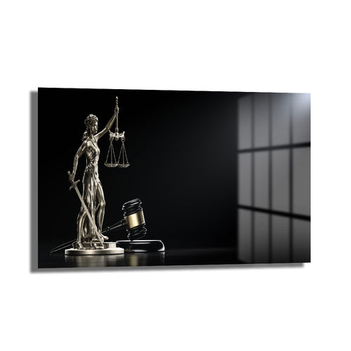 Karanlık zeminde parlak gümüş rengi Themis heykeli ve altın detaylı tokmak figürünü içeren temperli cam tablo, ofis ve hukuk bürosu dekorasyonu için ideal. - Detay Görünüm 1