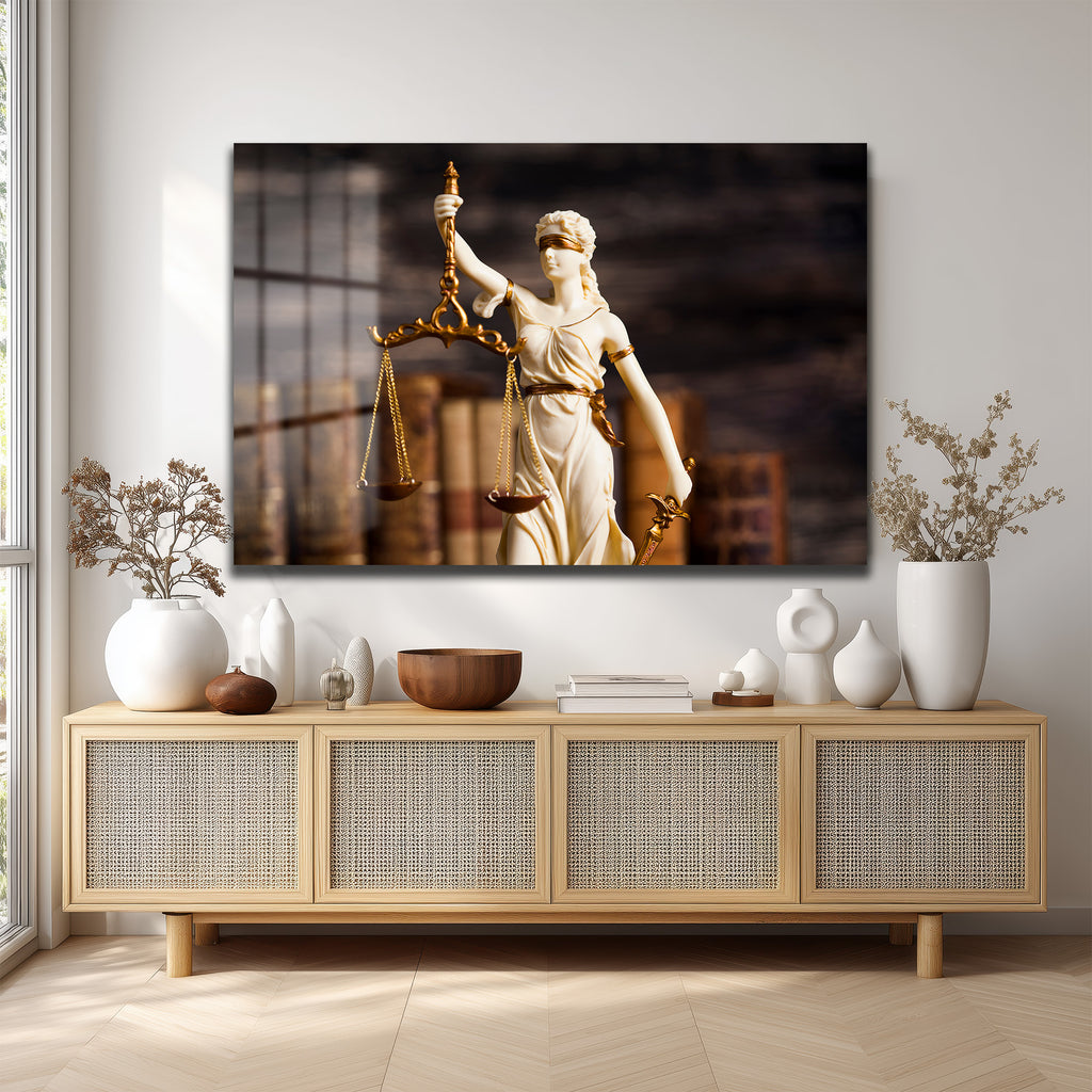 Adaletin Simgesi Lady Justice Cam Tablo | Hukuk Temalı Lüks Duvar Dekoru