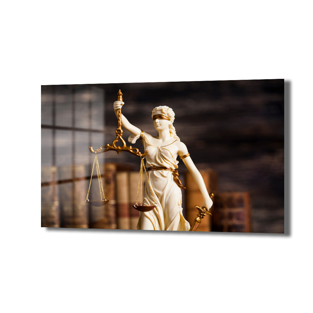 Gözleri bağlı, elinde adalet terazisi ve kılıç tutan Lady Justice heykelinin görüldüğü, koyu renkli kütüphane arka planına sahip modern temperli cam tablo.