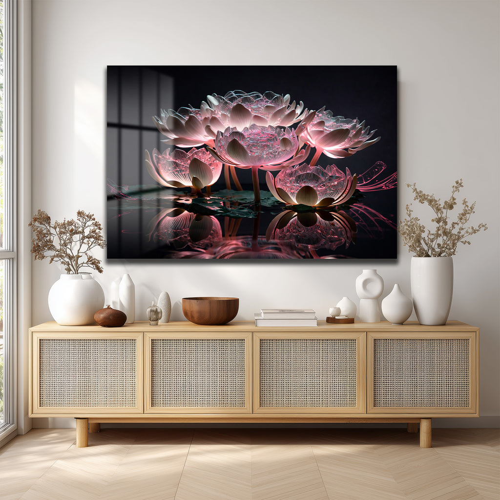 Büyülü Lotus Işıltısı: Pembe Tonlarda Modern Cam Tablo
