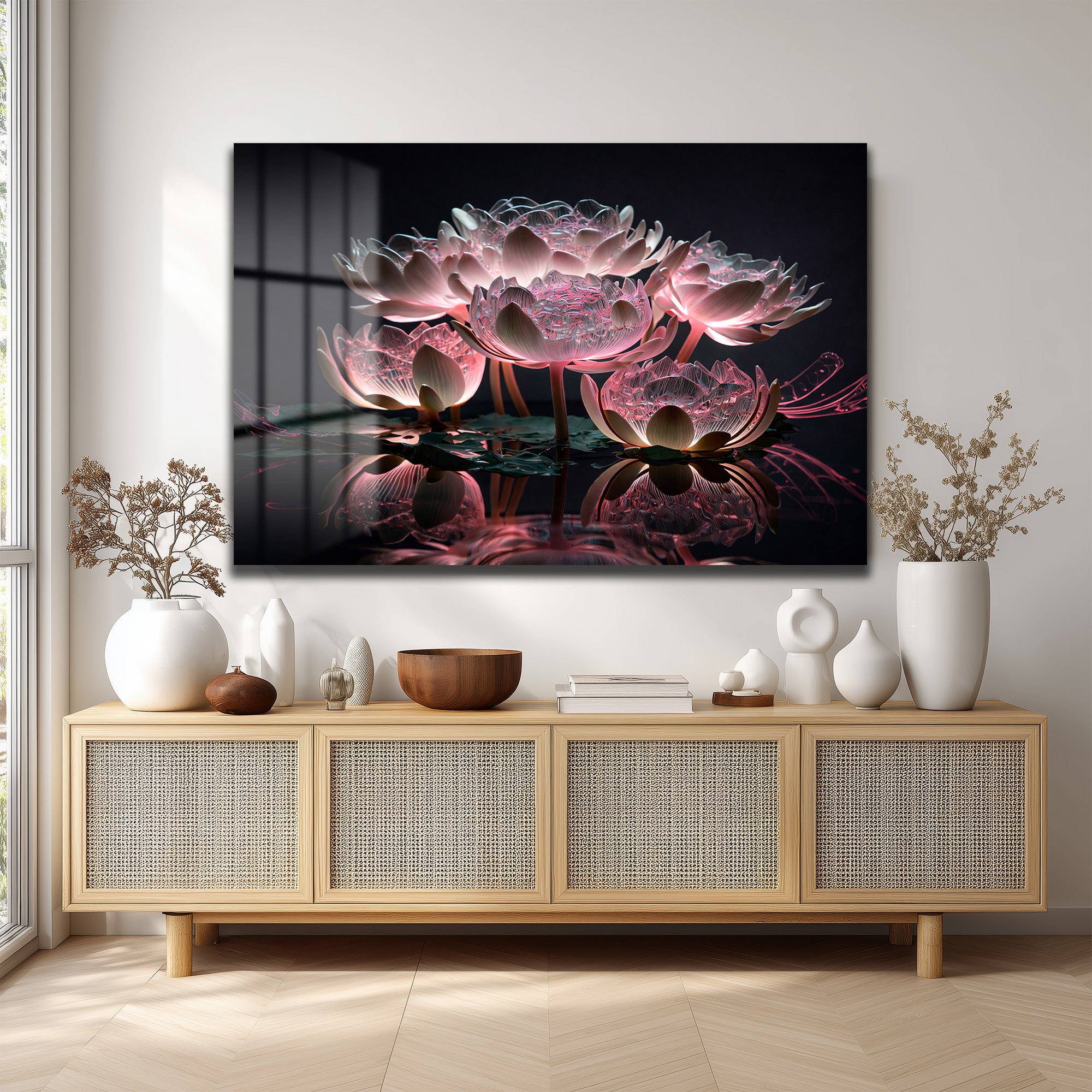 Büyülü Lotus Işıltısı: Pembe Tonlarda Modern Cam Tablo