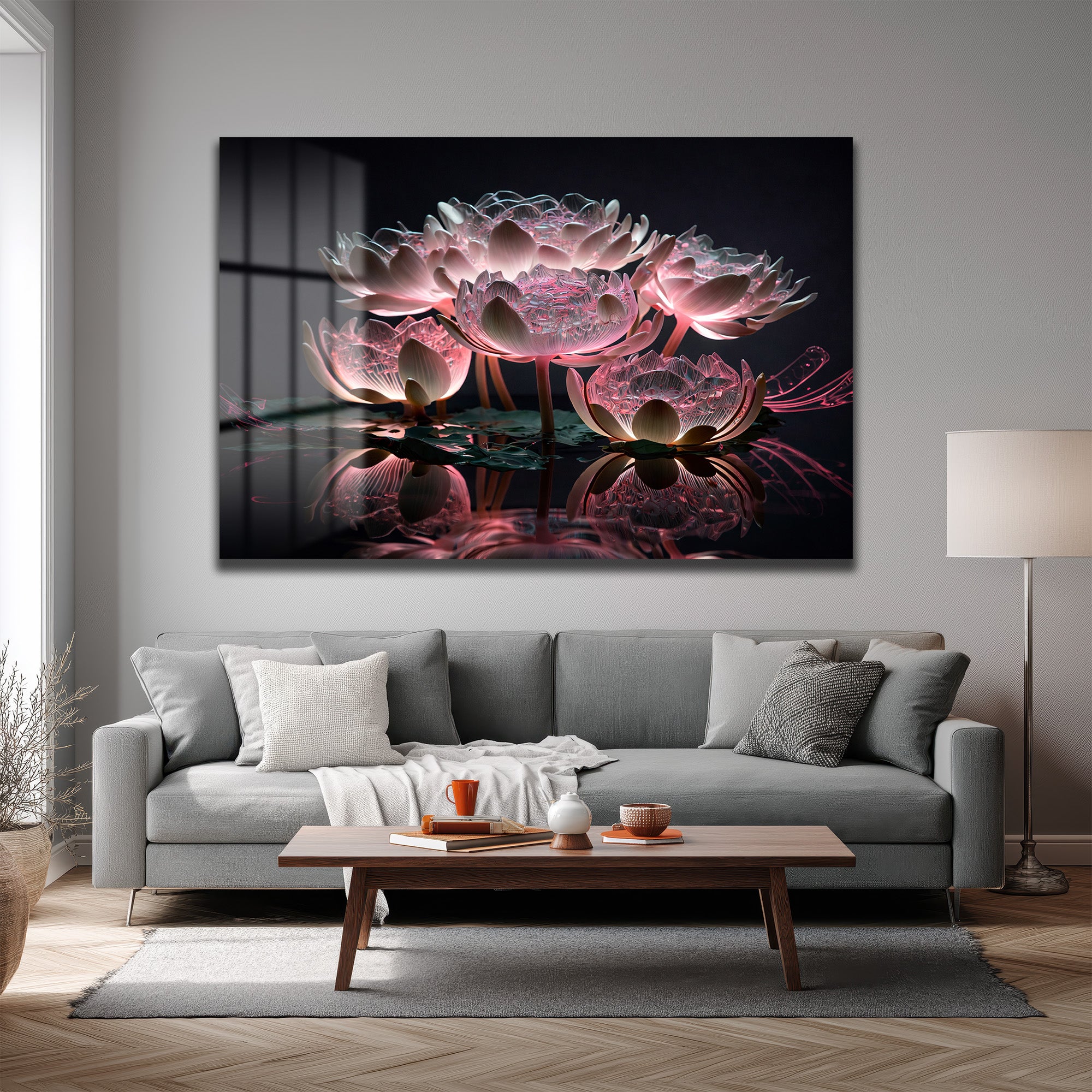 Büyülü Lotus Işıltısı: Pembe Tonlarda Modern Cam Tablo