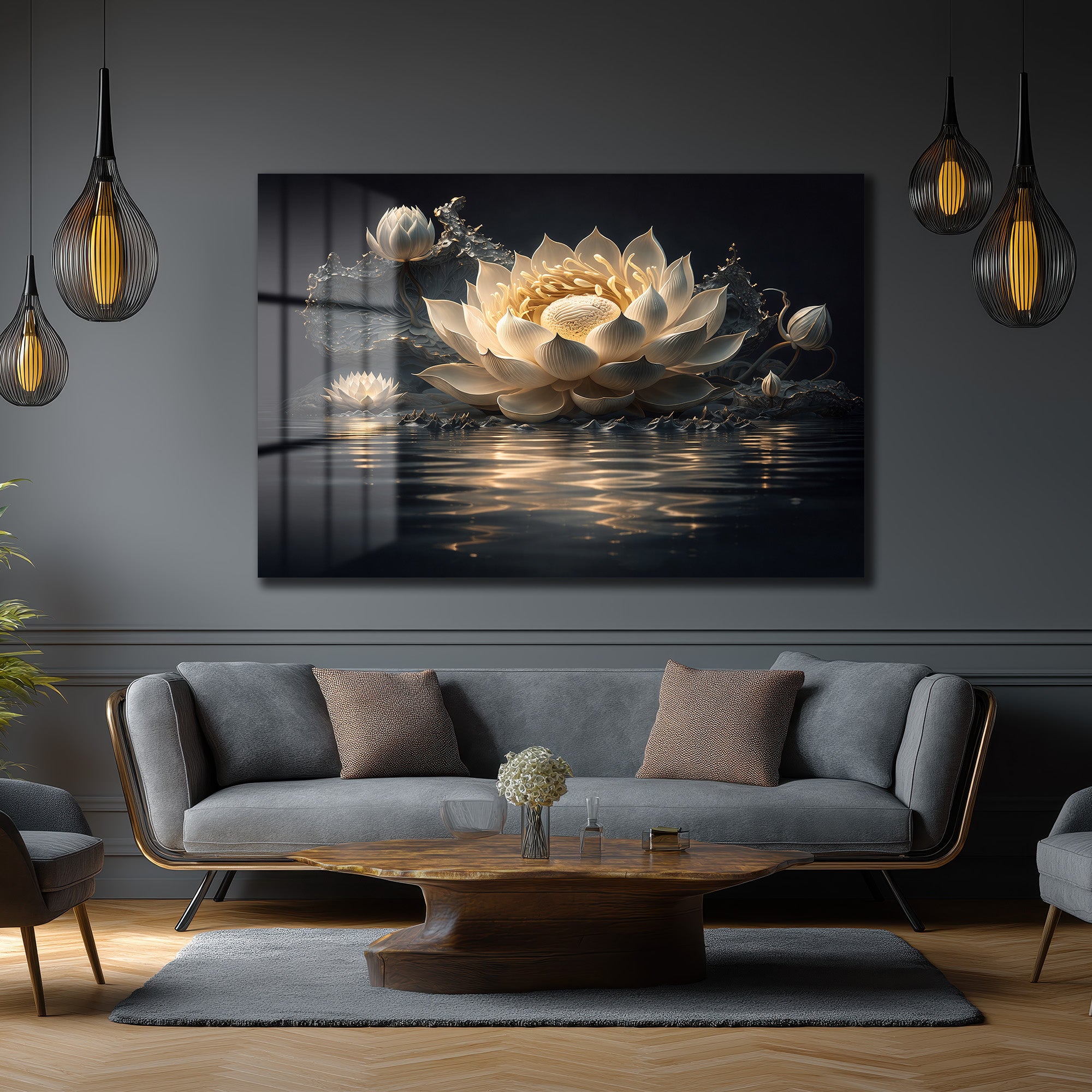 Su Üzerinde Zarafet: Beyaz Lotus Çiçeği Temperli Cam Tablo